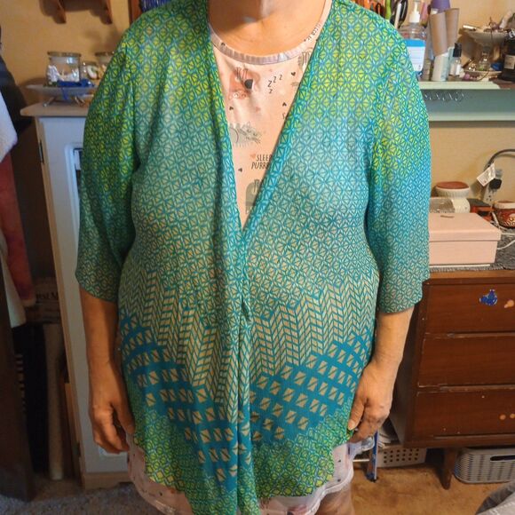 Catherine's Sheer S/S Open Front Kimono Blouse  3X 26-28 WP Geometric Print - Picture 5 of 11